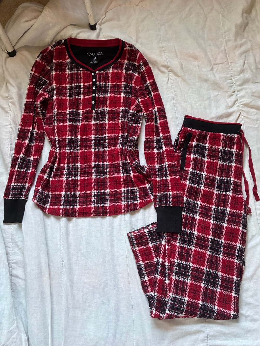 Nautica Red, Black & White Plaid Henley Pajama Set